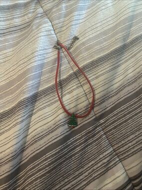 Holiday Green Enamel Christmas Tree Pendant Necklace on Red Cord